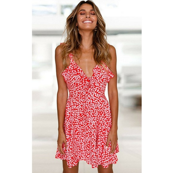 Floral Print Sleeveless Ruffle V Neck A Line Dress - Picture 1 of 4